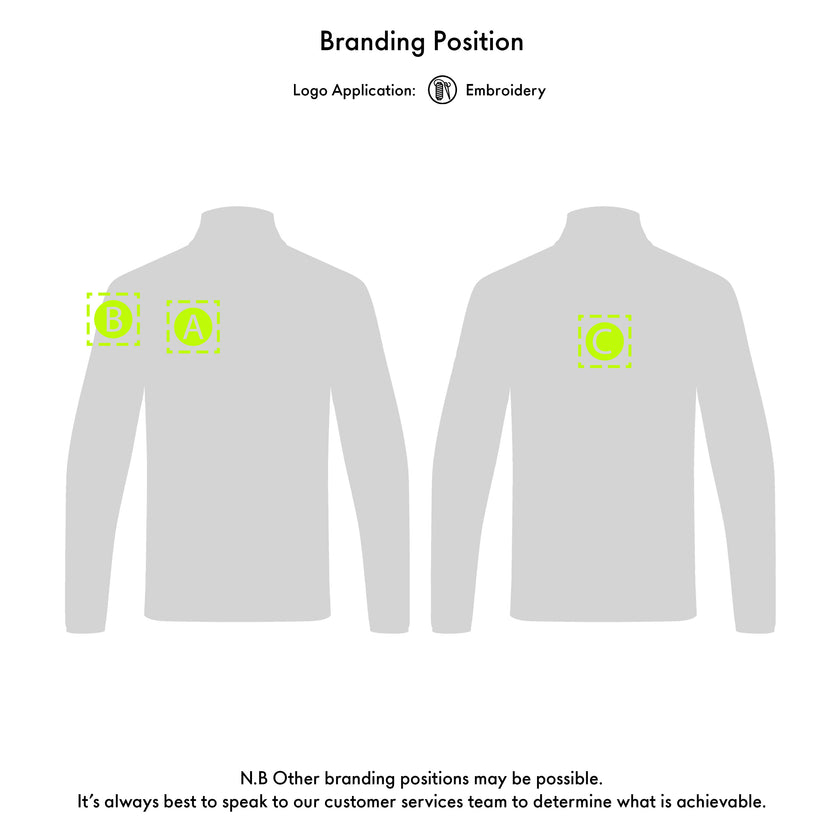 White long-sleeve shirt with green logo on the chest and back, showing embroidery branding.