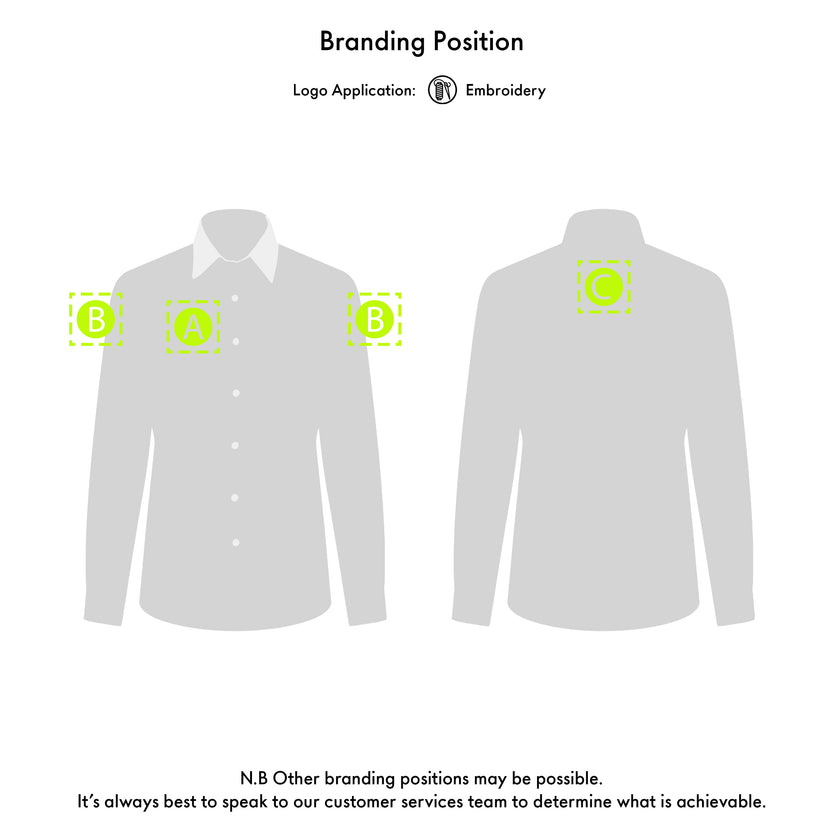 Gill shirt with branding application points on a white background