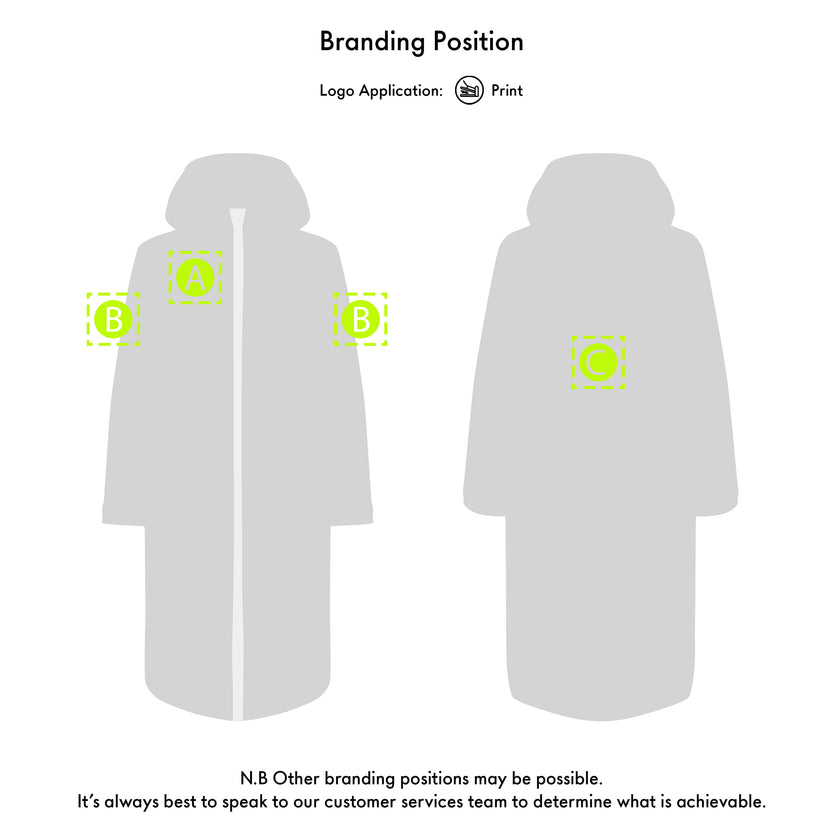 Silhouette of a person wearing a hooded garment with branding positions highlighted on a white background.