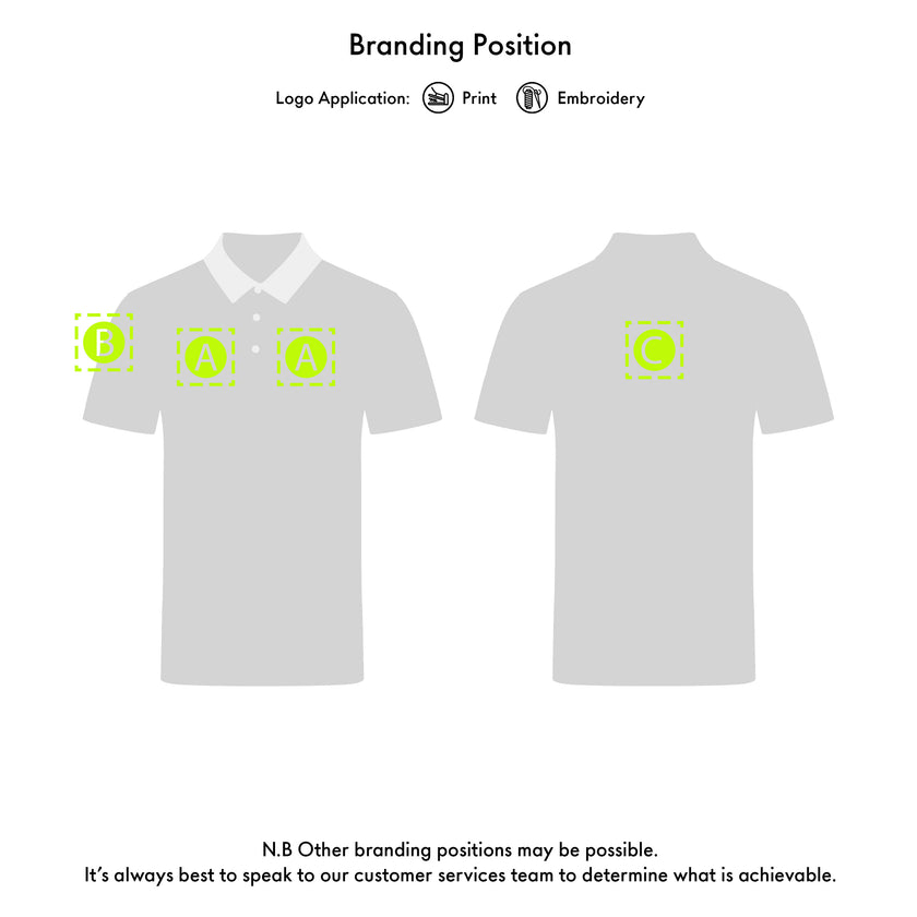 Gill polo shirt with branding application options on a white background