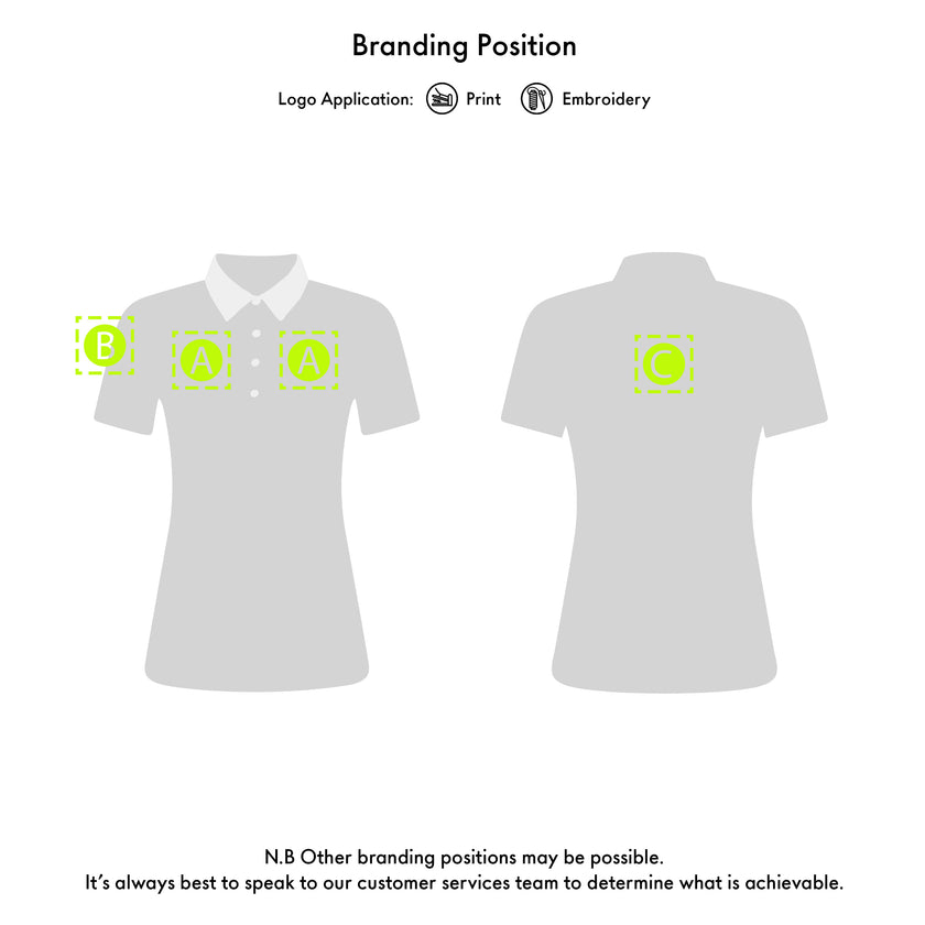 Gill polo shirt with branding application options on a white background