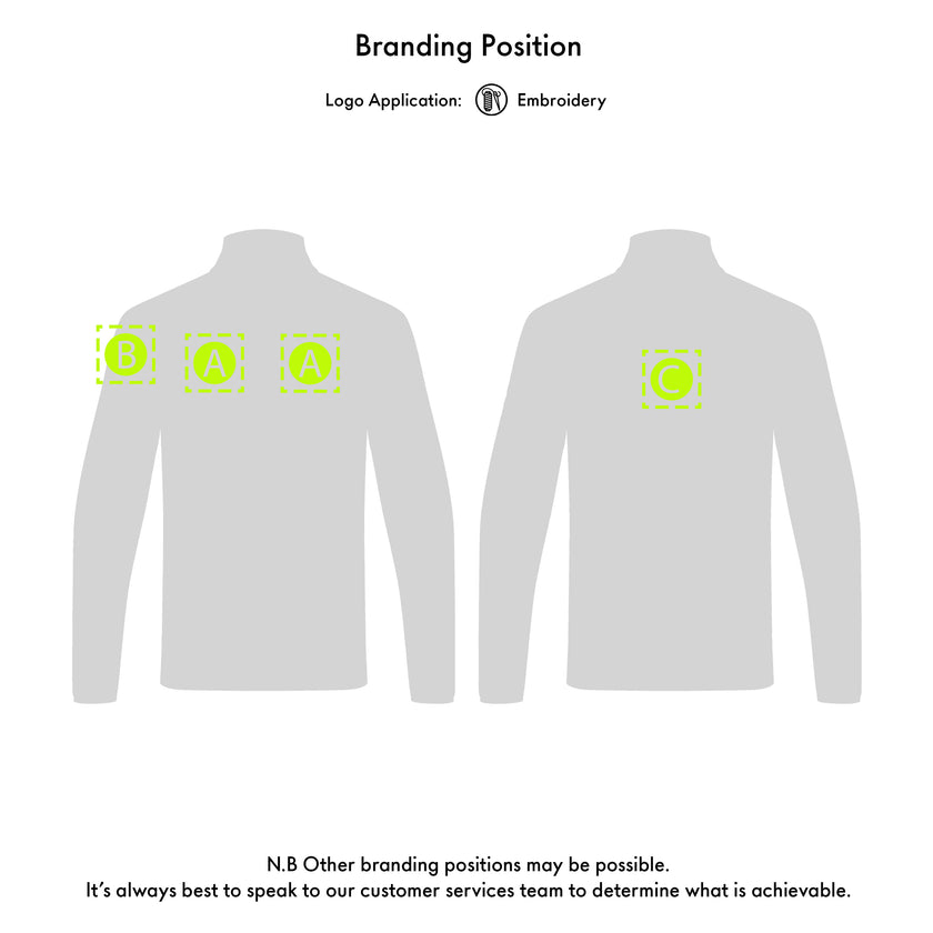 Gill long-sleeve shirt with green logos on the chest and back, showing branding application.