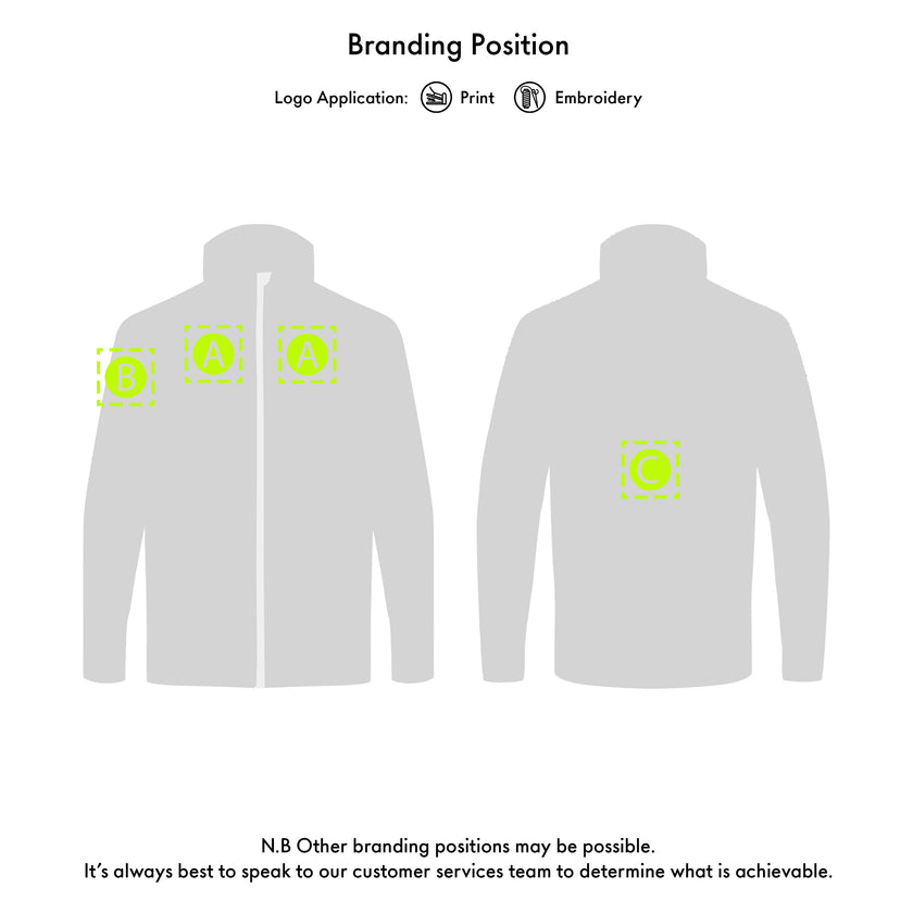 White jacket with branding application options on a white background