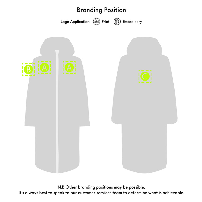 A branding position diagram showing a gray hooded coat from front and back on a white background, with labeled placement areas A, B, and C for logo application. Text at the top says logo application can be print or embroidery, and text at the bottom notes other possible positions.