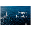 A rectangular birthday card or print featuring a blue ocean scene with a small sailboat and the words 'Happy Birthday' in large white text, with the name 'Gill' in the lower right corner.