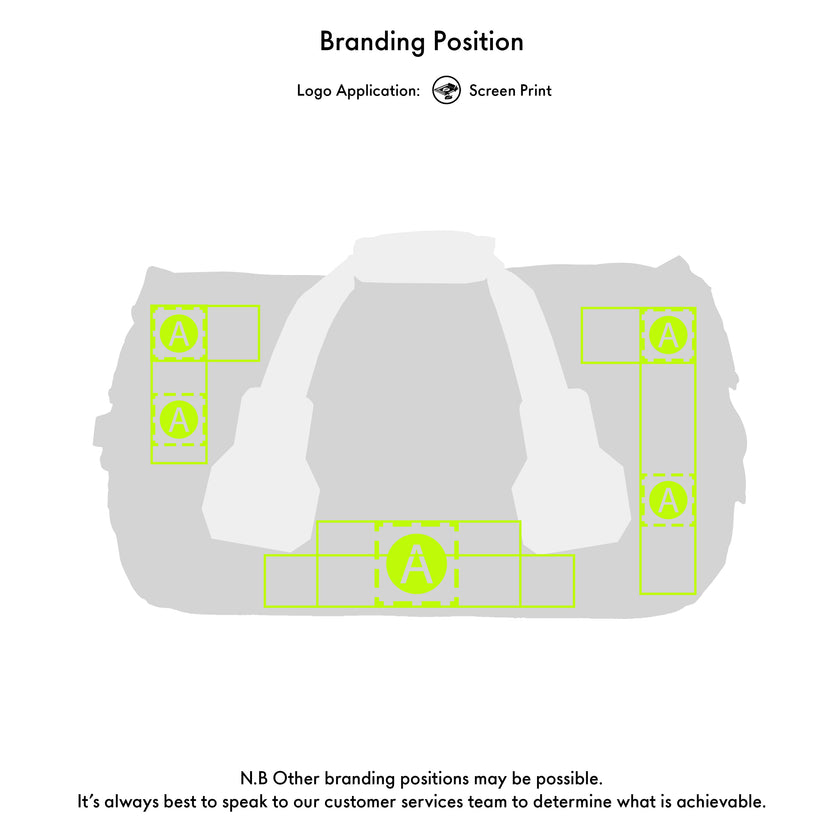 White duffel bag with green branding outlines on a white background