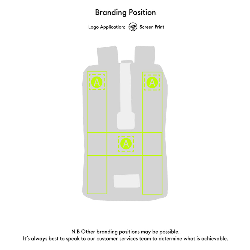 Backpack with green branding elements on a white background