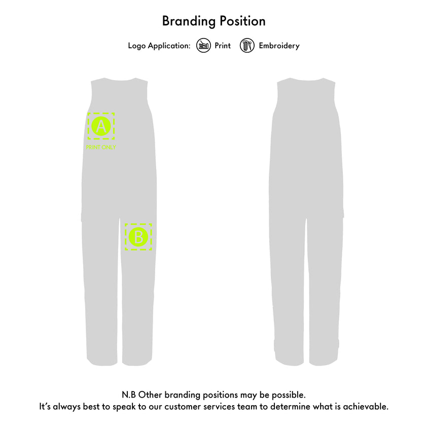 Trousers with green logo applications on a white background