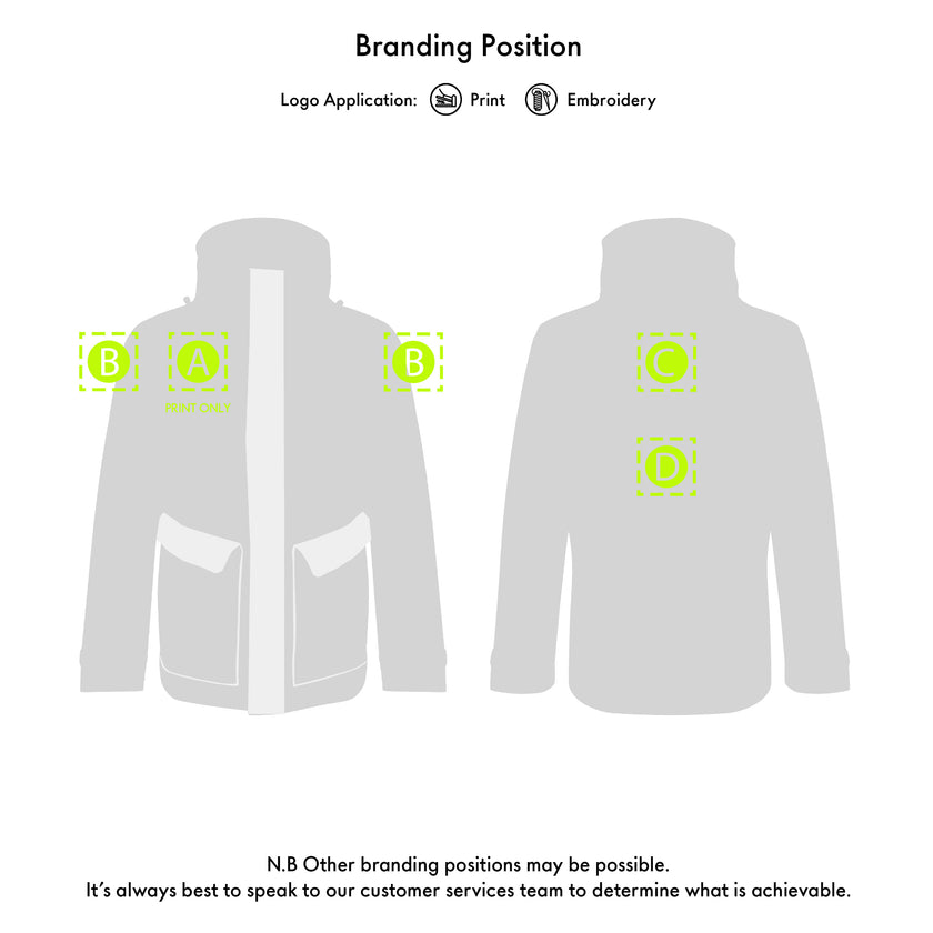 Silhouette of a jacket with branding application points on a white background