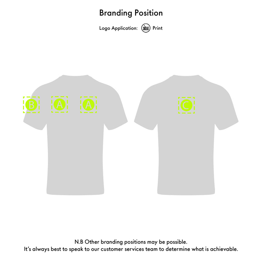 Gill t-shirt with branding application on front and back, featuring a logo.