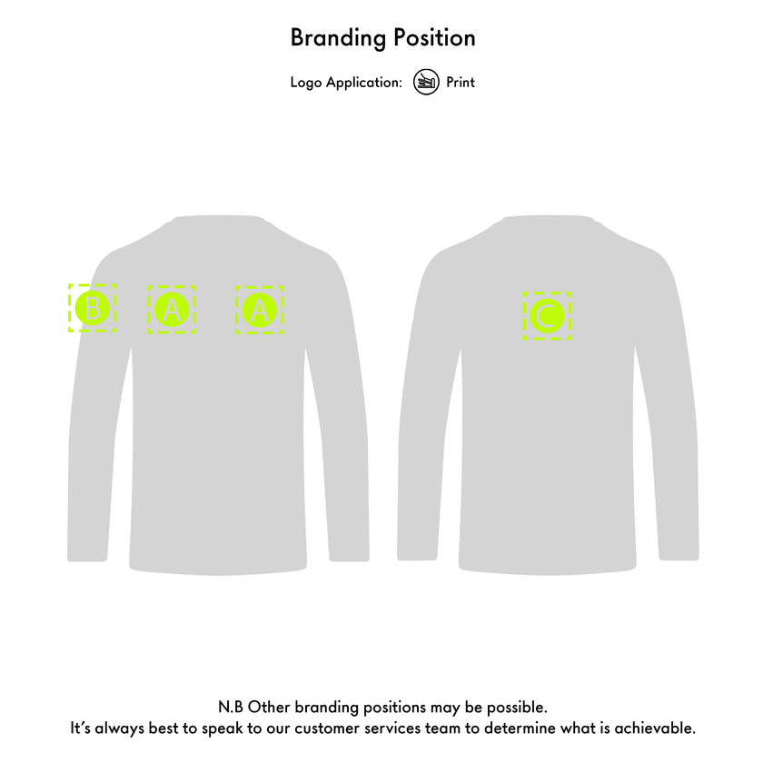 White long-sleeve shirt with branding application on a white background