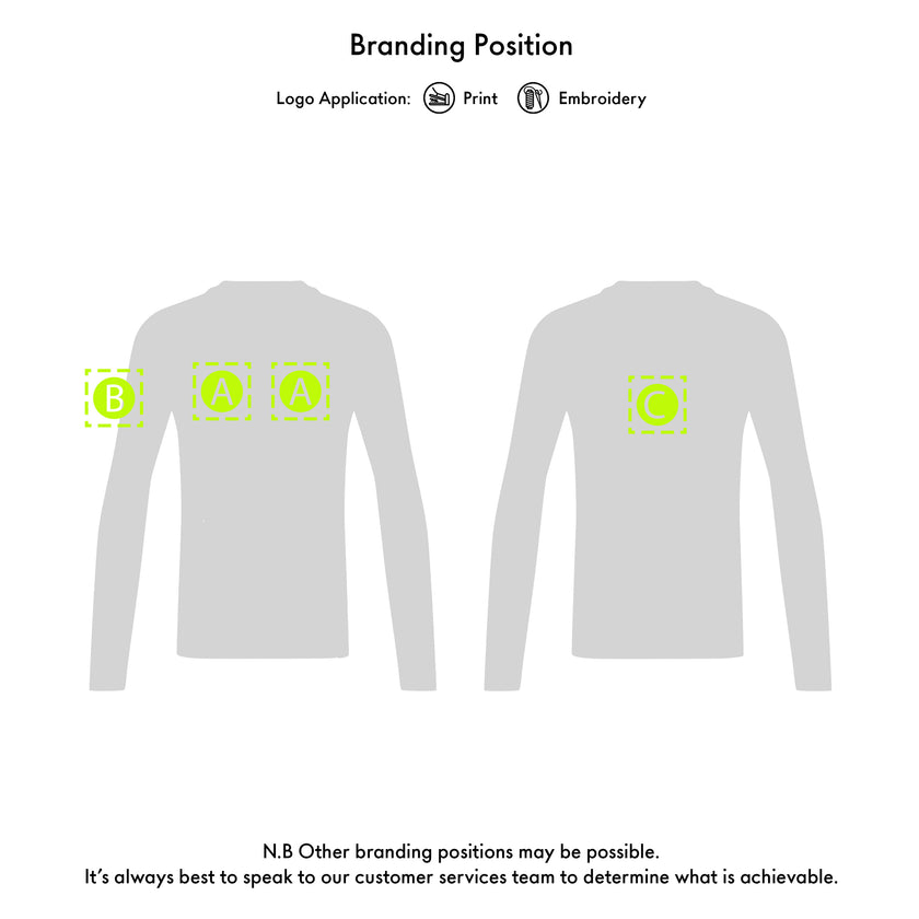 Gill long-sleeve shirt with branding application options on a white background