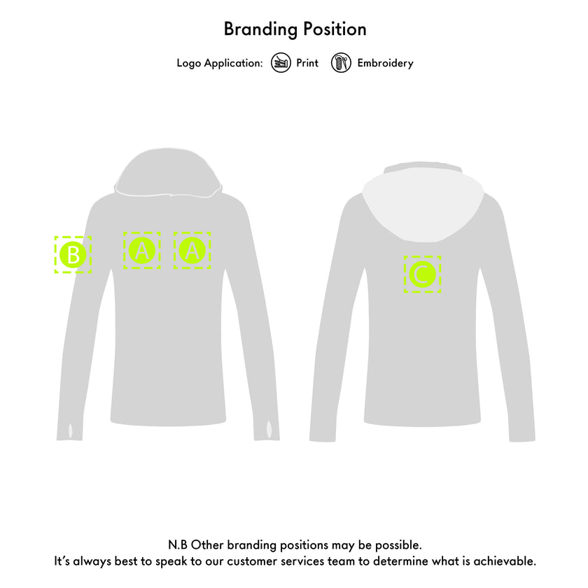 White hoodie with branding application options on a white background