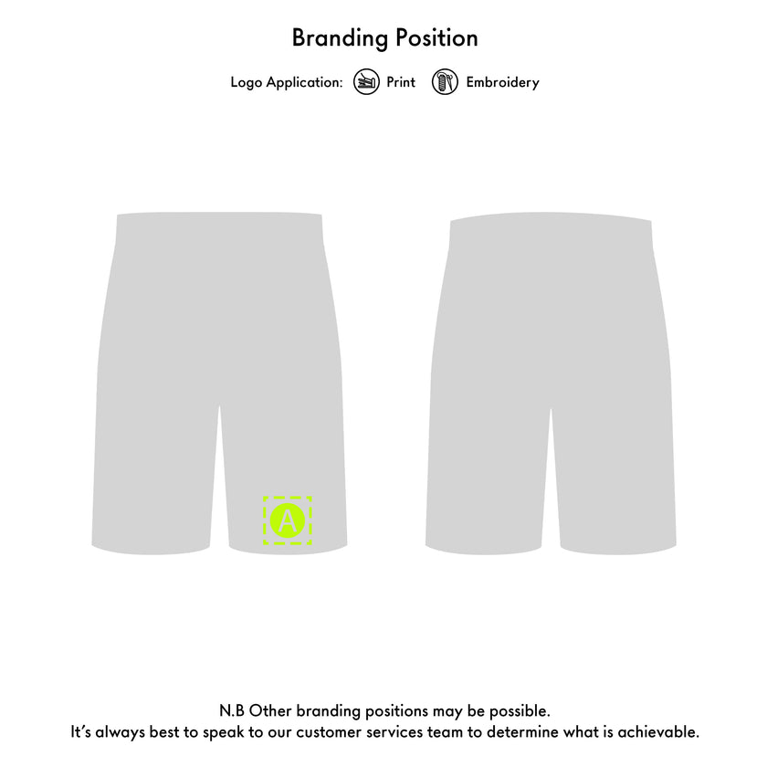 Shorts with a green icon on a white background, featuring branding options.