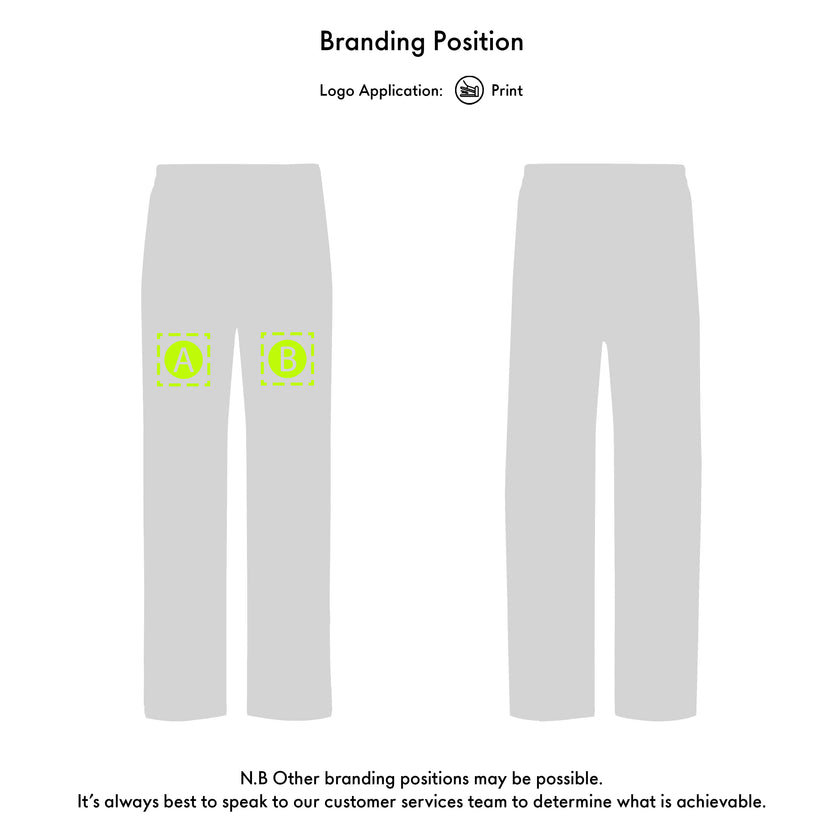 trousers with a green branding icon on a white background