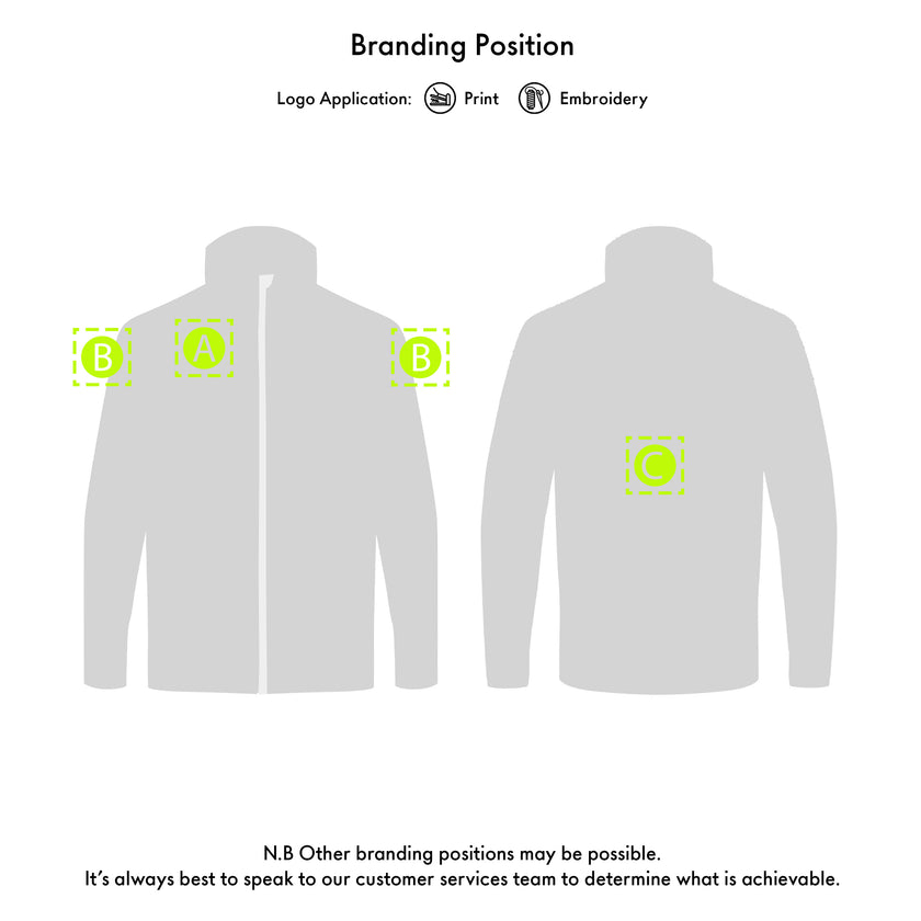 White jacket with branding application points on a white background